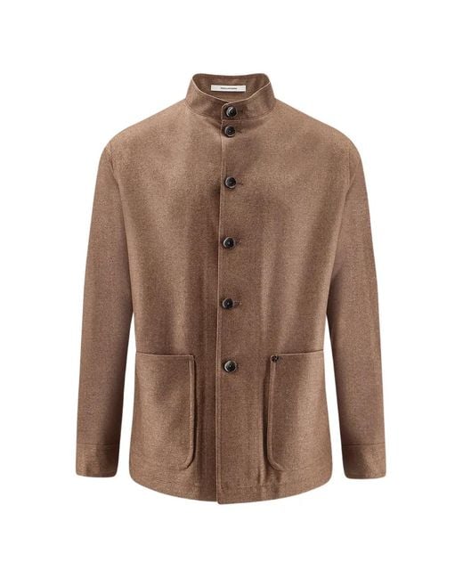 Tagliatore Brown Mandarin-Collar Button-Up Jacket for men