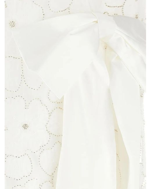 Self-Portrait White Dress With Floral Embroidery And Bow Detail