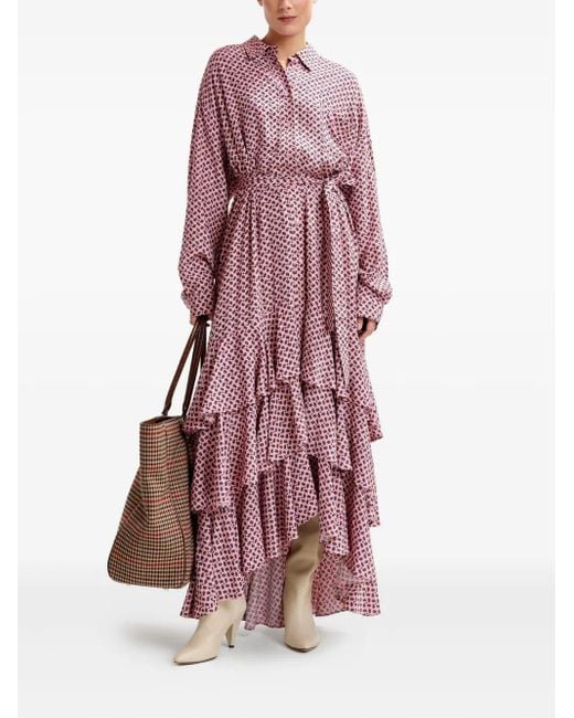 Essentiel Antwerp Purple Geometric-Pattern Ruffle-Hem Maxi Dress