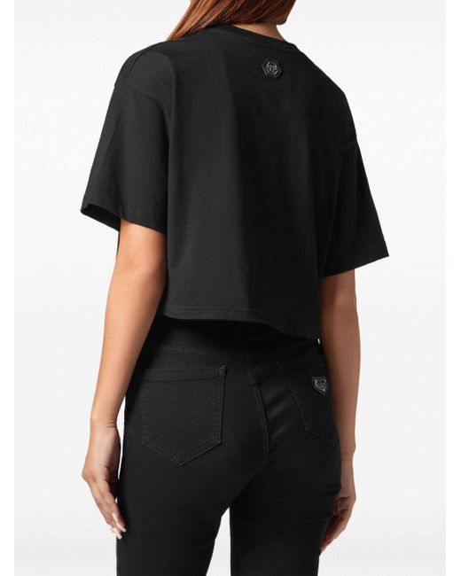 Philipp Plein Black Cropped-T-Shirt mit rundem Ausschnitt