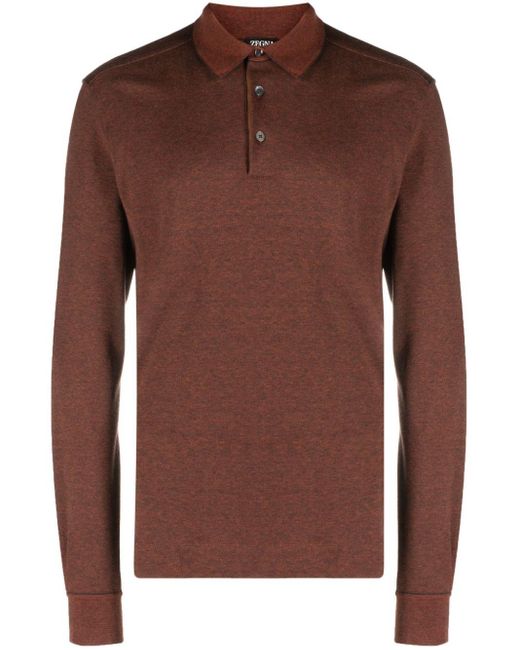 Zegna Brown Long-sleeve Cotton Polo Shirt for men