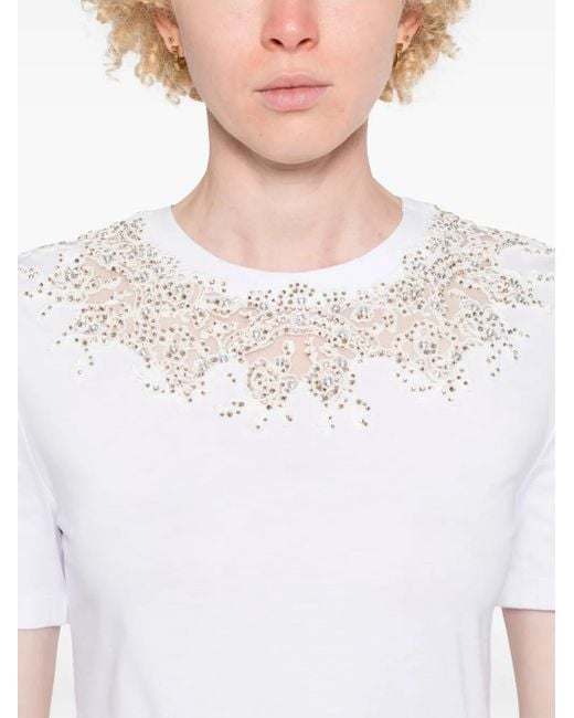 Ermanno Scervino White Lace-Detail Crystal-Embellished T-Shirt