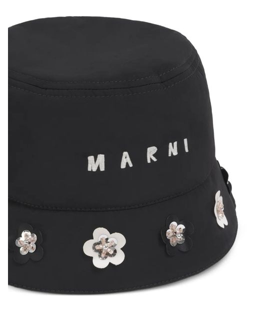 Marni Black Taffeta Bucket Hat With Daisy Appliqués