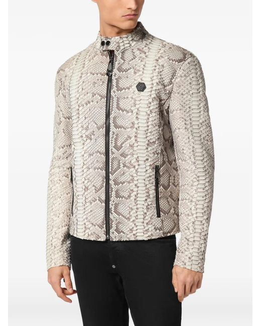 Philipp Plein White Python-Leather Moto Jacket for men