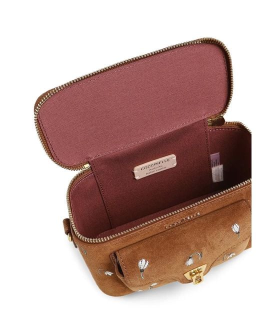 Coccinelle Brown Floral-Embroidered Suede Tote Bag