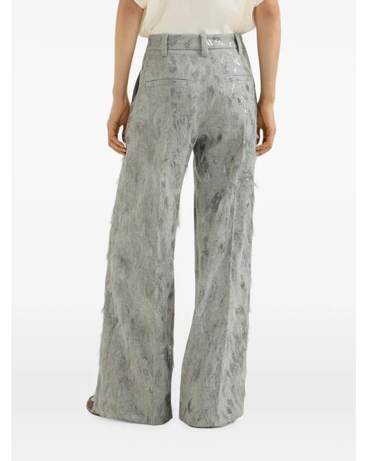Brunello Cucinelli Gray Pantalon Évasé En Flanelle De En Laine Vierge Et Cachemire À Broderie Dazzling Lynx