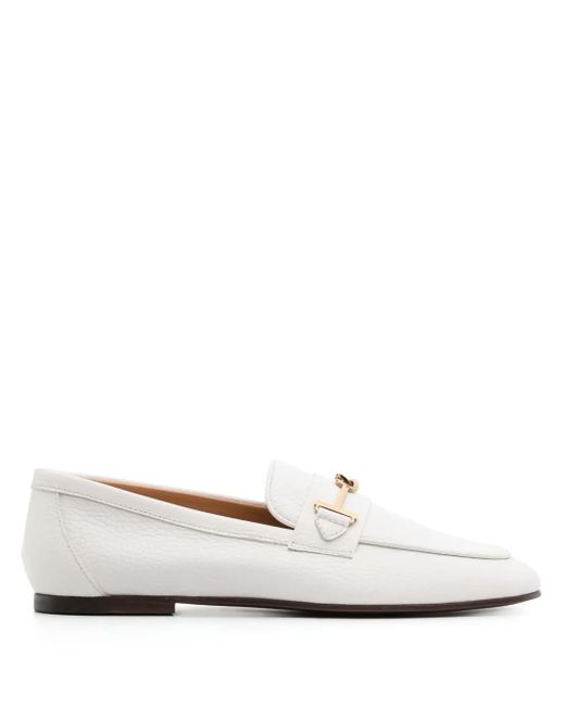 Tod's White Grained Leather Loafers With Metal T Ring Accessory Shoes