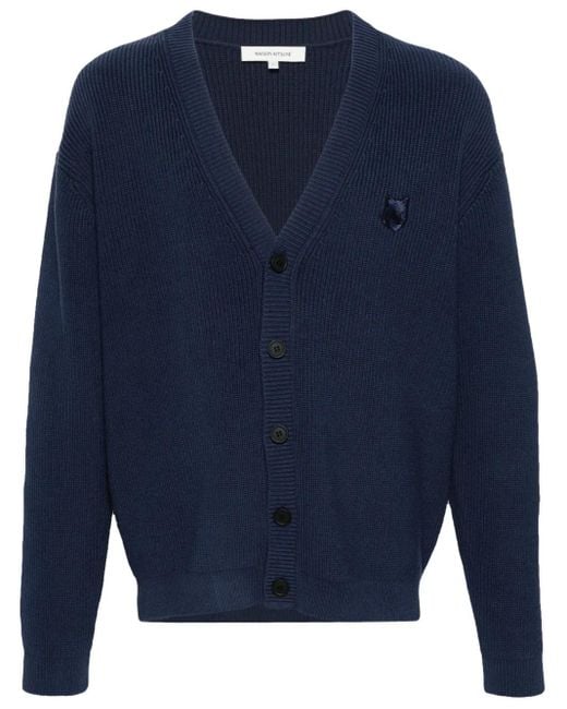Maison Kitsuné Blue Fox Head-Patch V-Neck Cardigan for men