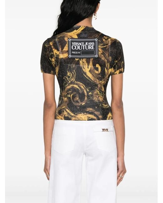 Versace Jeans Couture Black Barocco-Print Glitter Knitted Top