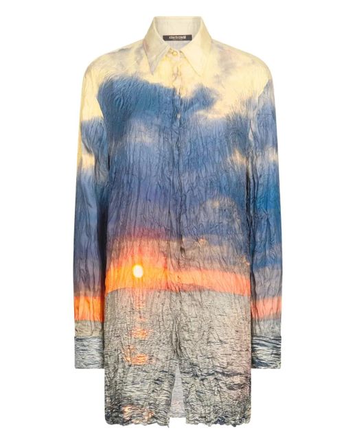 Roberto Cavalli Blue Printed Distressed Shirt