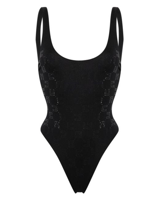 Elisabetta Franchi Black Rhinestone-embellished Monogram Swimsuit