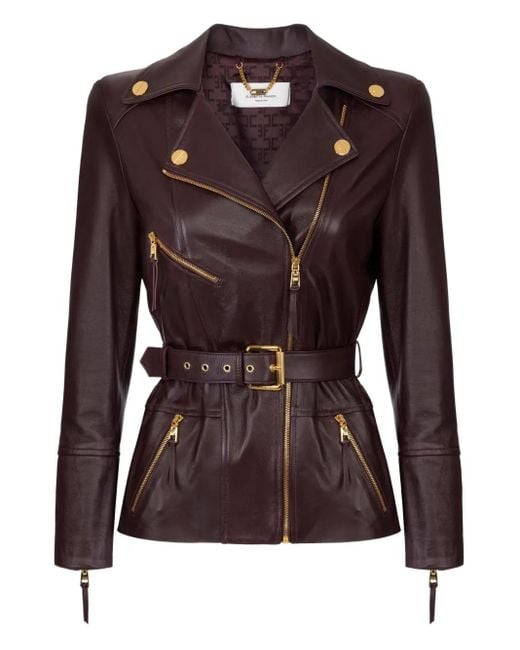 Elisabetta Franchi Brown Belted Leather Biker Jacket