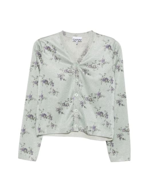 Ganni White Floral-Print Metallic-Effect Cardigan