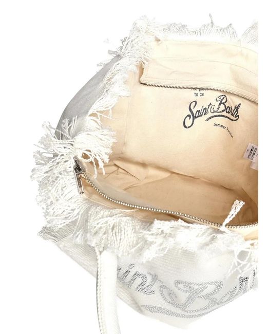 Mc2 Saint Barth White Strass-Embellished Frayed Tote Bag
