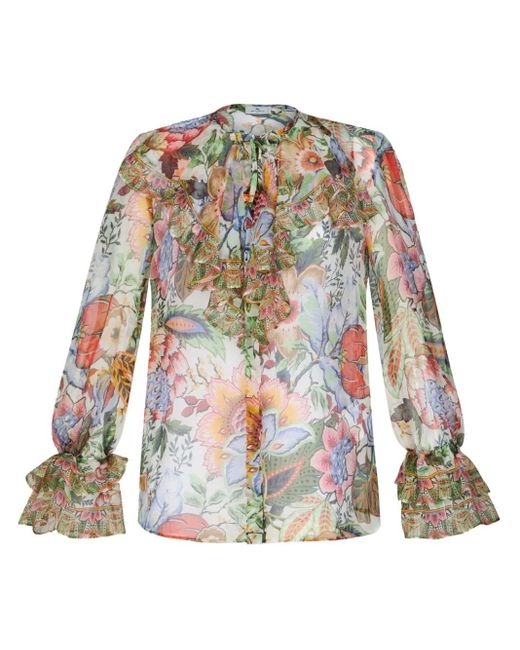 Etro White Gerüschtes Hemd Mit Blumen-Print