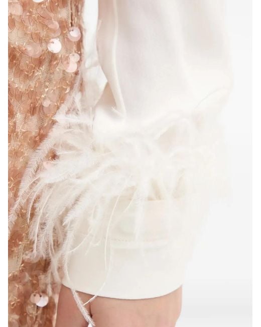Pedro Del Hierro Madrid White Feather-Trim Keyhole Blouse