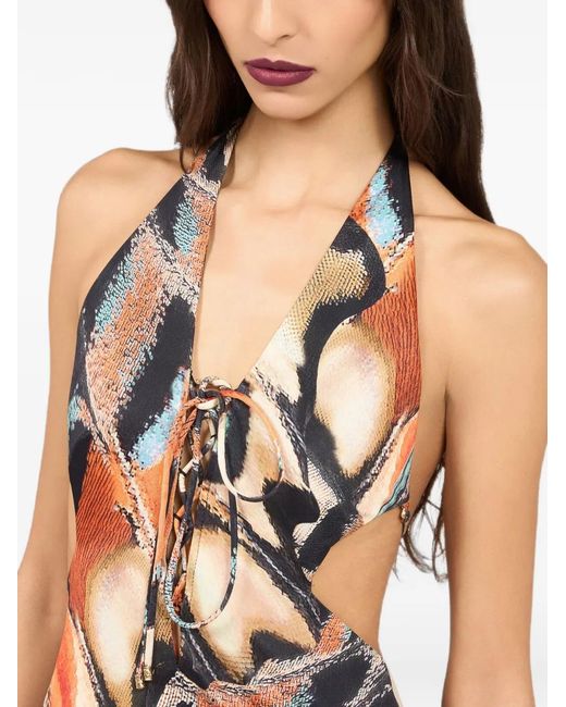 Roberto Cavalli White Butterfly-Print Lace-Up Maxi Dress