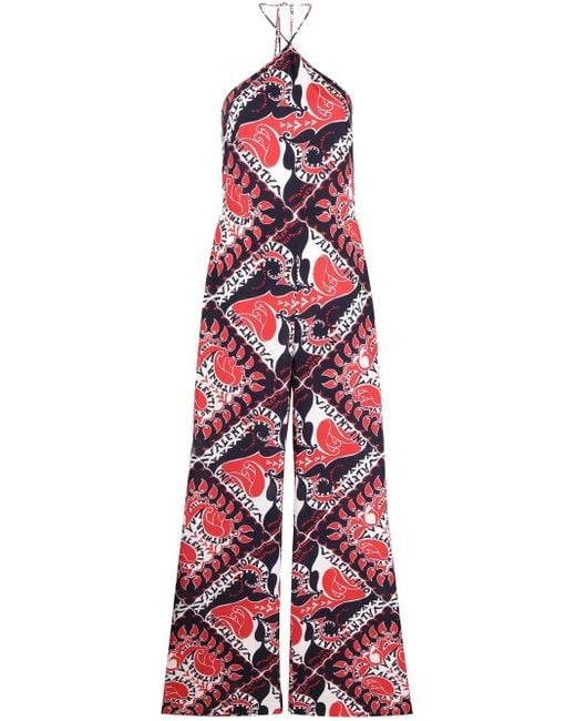 Valentino Garavani Red Archive Manifesto Bandana Print Silk Jumpsuit
