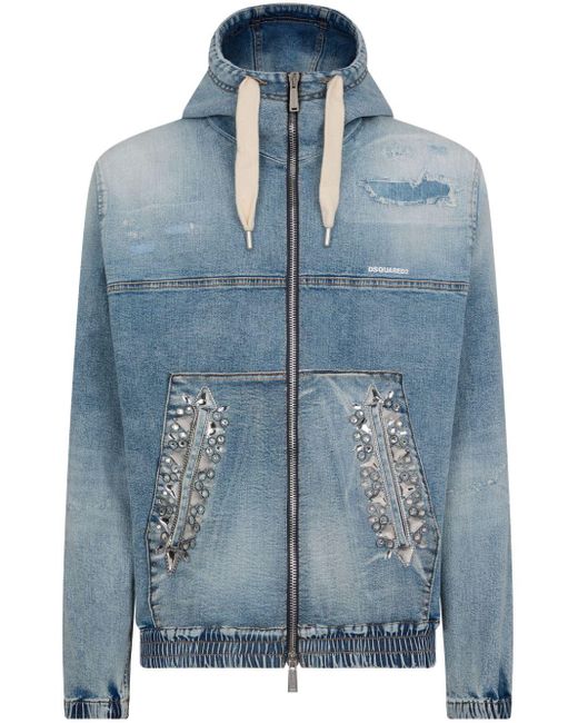 DSquared² Blue Crystal-embellished Hooded Denim Bomber Jacket for men