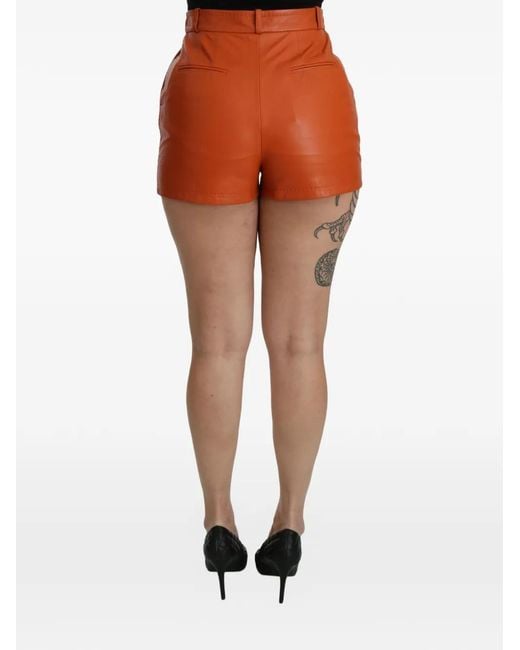 Dolce & Gabbana Orange High-Waisted Leather Mini Shorts