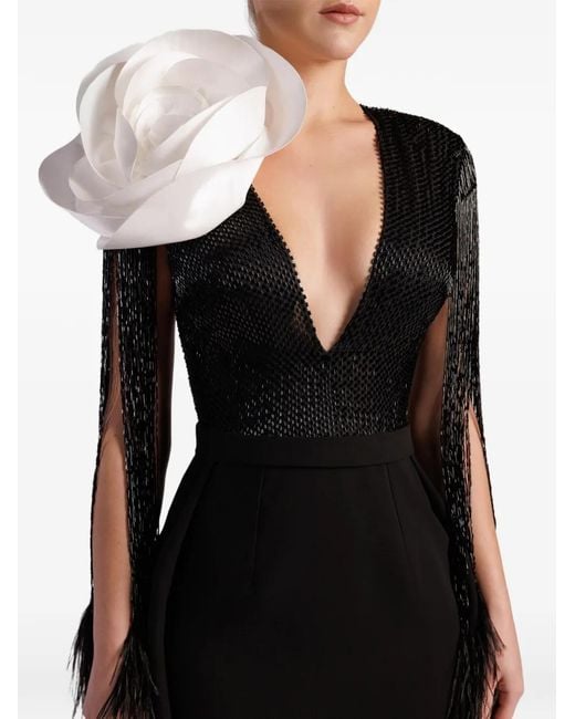 Gatti Nolli by Marwan Black Flower-Detail Fringed Mermaid Gown