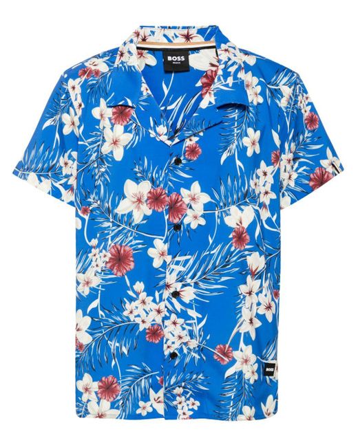 Camisa Beach con estampado tropical Boss de hombre de color Blue
