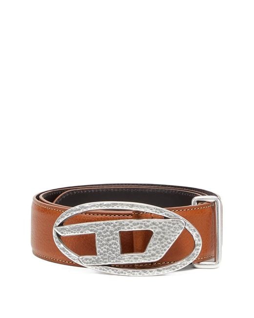 DIESEL Brown 4Cm Leather Belt With Hammered Oval D Buckle