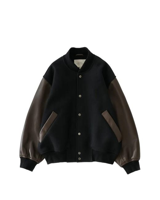 Studio Nicholson Black Alph Leather-Sleeve Bomber Jacket