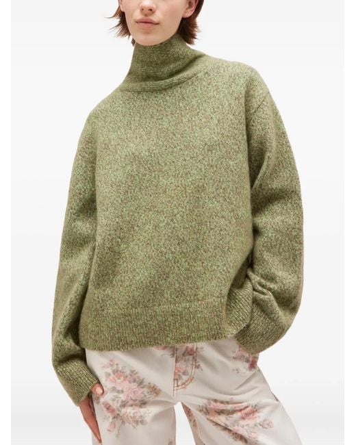 Ganni Green High-Neck Brushed Pullover