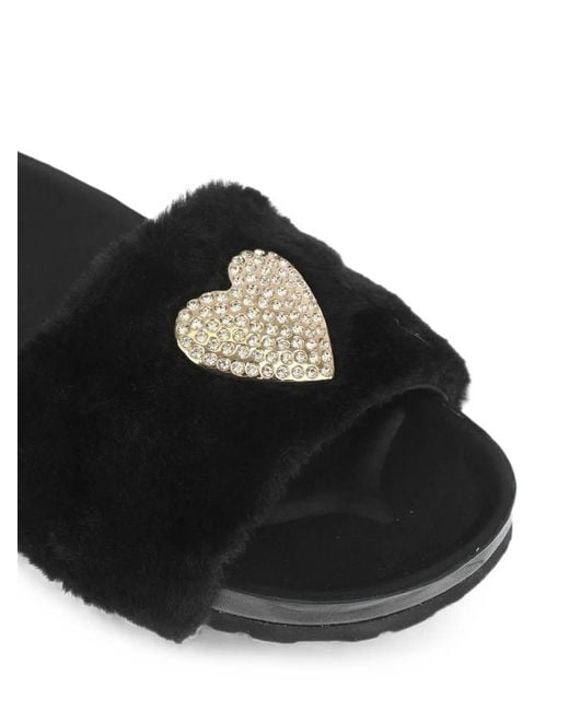Moschino Black Rhinestone Heart-Patch Slides