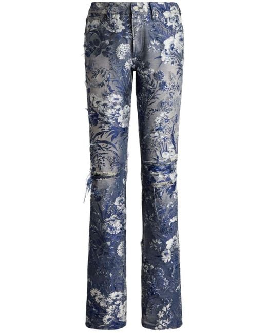 Ralph Lauren Collection Blue 160 Jeans in Distressed-Optik mit Blumenjacquard