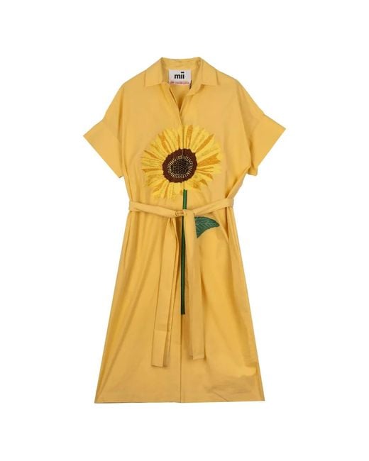 Mii Yellow Gordes Sunflower-Embroidered Belted Midi Dress