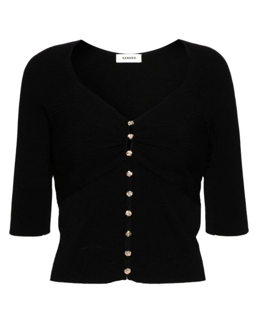 Sandro Black Rose-buttons Ribbed Cardigan