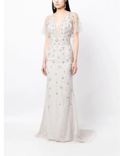 Jenny Packham White Kristallverziertes Abendkleid