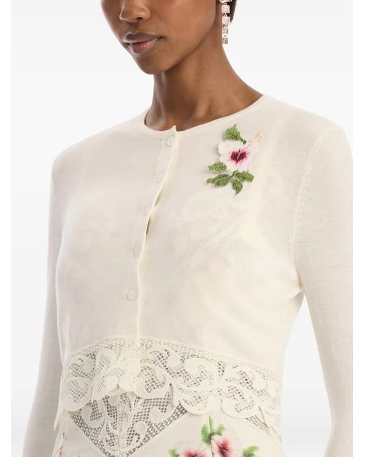Oscar de la Renta White Chiné Hibiscus Threadwork Cropped Cardigan