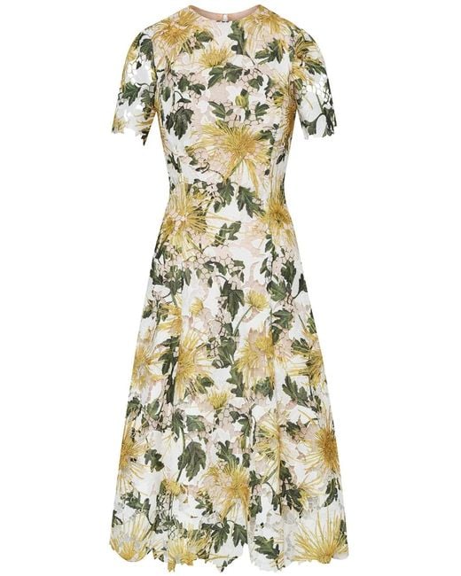 Oscar de la Renta Yellow Chrysanthemum Guipure Midi Dress