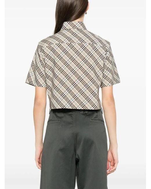 Burberry Gray Cropped Plaid Shirt With Collared Neckline