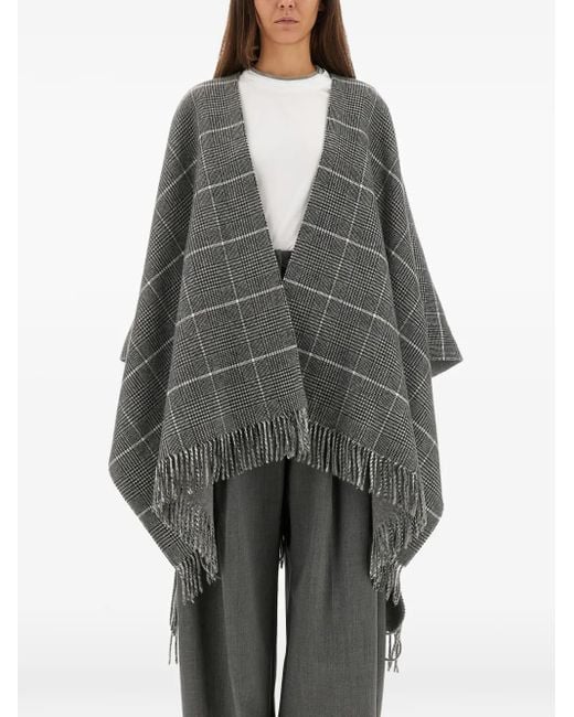 Brunello Cucinelli Gray Fringed Check-Pattern Cape