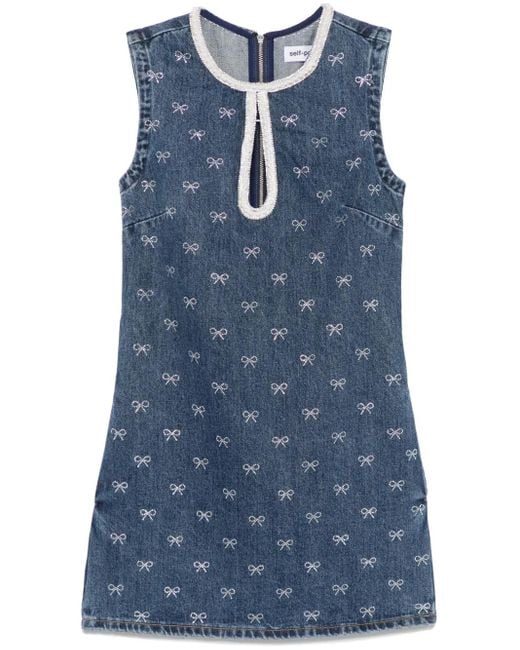 Self-Portrait Blue Crystal-Bow Denim Mini Dress