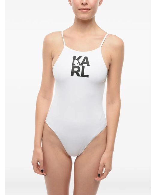 Karl Lagerfeld White Logo-Print Open-Back Swimsuit
