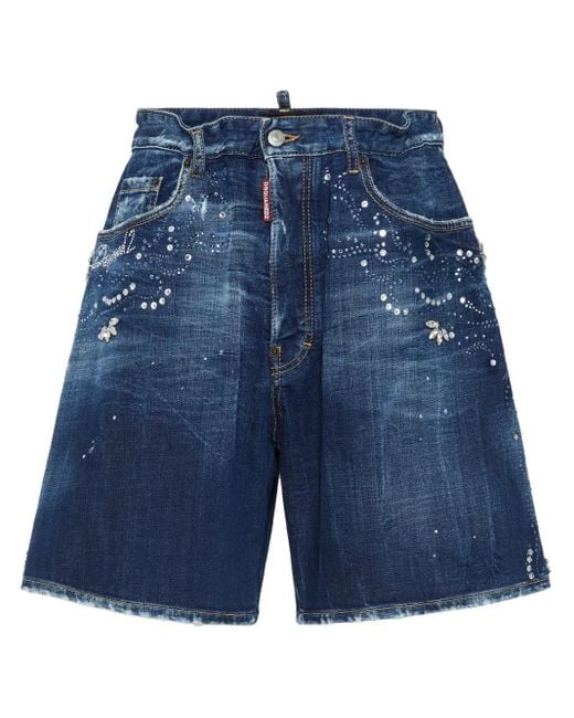 DSquared² Blue Rhinestone-Embellished Denim Shorts for men