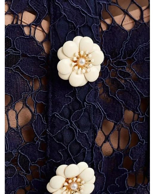 Self-Portrait Blue Flower-Button Lace Mini Dress