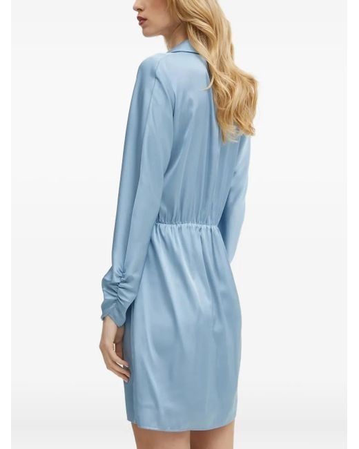 Guess Blue Wrap-Neck Gathered-Cuff Mini Dress