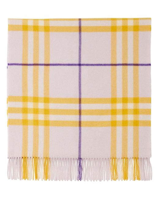 Burberry Yellow Check-pattern Fringed Cashmere Scarf