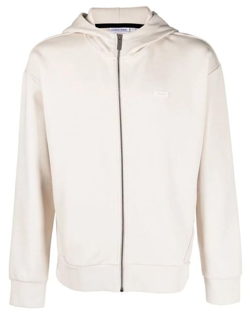 Calvin Klein White Logo-Patch Zip-Up Hoodie for men