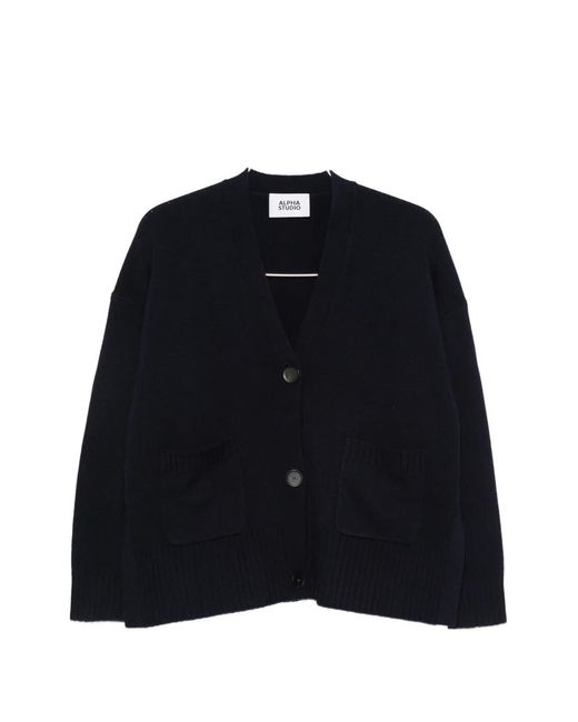 Alpha Studio Blue Patch-Pocket Knitted Cardigan