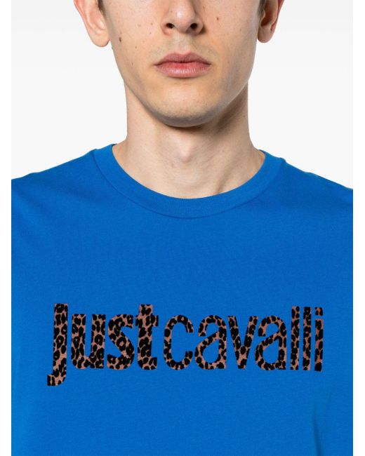 Just Cavalli Blue Flocked-logo Cotton T-shirt for men