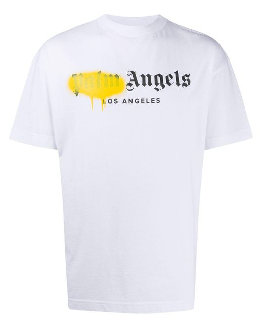 T-shirt blanc et jaune Los Angeles Logo Sprayed Palm Angels pour homme en coloris White