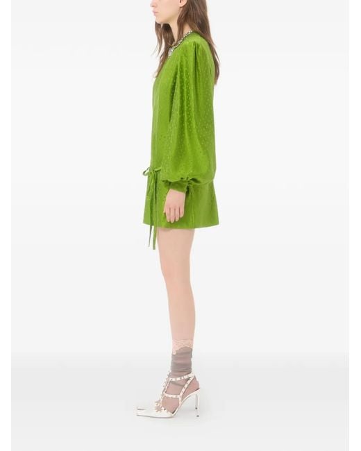 Valentino Garavani Green Embroidered Silk-Linen Plus-De-Pois Jacquard Top