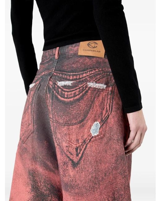 CAMPERLAB Red Distressed Denim Shorts